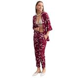 Trendseninle Kadın Bordo Desenli Kimono Gömlek Pantolon Takım, M