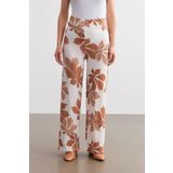 Trendseninle Kadın Camel-Beyaz Çiçek Desenli Boru Paça Pantolon, S