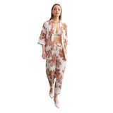 Trendseninle Kadın Camel-Beyaz Çiçek Desenli Kimono Gömlek Pantolon Takım, M