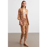 Trendseninle Kadın Camel Desenli Kimono Gömlek Pantolon Takım, M