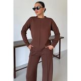 TrendSeninle Kadın Düz Biye Detay Bisiklet Yaka Alt-Üst Eşofman Takımı, XL, KAHVERENGİ
