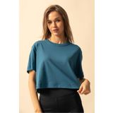 TrendSeninle Kadın İndigo Oversize Bisiklet Yaka Crop Tişört İNDİGO M