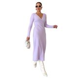 TrendSeninle Kadın Kruvaze Yakalı Uzun Kollu Midi Boy İnterlok Elbise, L, Eflatun