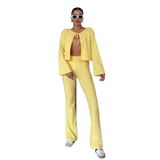 TrendSeninle Kadın Önden Bağcık Detay Fitilli Crop Pantolon Takım, L, SARI