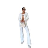 TrendSeninle Kadın Önden Bağcık Detay Fitilli Crop Pantolon Takım, M, BEYAZ