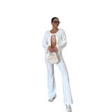 TrendSeninle Kadın Önden Bağcık Detay Fitilli Crop Pantolon Takım, S, BEYAZ