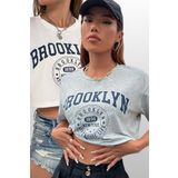 Trendseninle Kadın Oversize Crop T-shirt 2li Paket Beyaz - Gri Brooklyn Baskılı, M