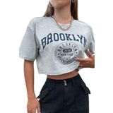 Trendseninle Kadın Oversize Crop T-shirt Gri Brooklyn Baskılı, M