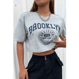 Trendseninle Kadın Oversize Crop T-shirt Gri Brooklyn Baskılı, S