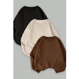 Trendseninle Kadın Siyah Bej Kahverengi 3 Iplik Düz Bisiklet Yaka 3Lü Sweatshirt Set S Tsw-333Setttt