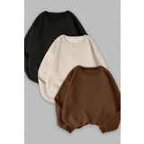Trendseninle Kadın Siyah Bej Kahverengi 3 Iplik Düz Bisiklet Yaka 3Lü Sweatshirt Set Xl Tsw-333Setttt