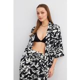 Trendseninle Kadın Siyah-Beyaz Desenli Kimono Gömlek Pantolon Takım, M