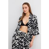 Trendseninle Kadın Siyah-Beyaz Desenli Kimono Gömlek Pantolon Takım, XL