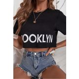 Trendseninle Kadın Siyah Bisiklet Yaka Brooklyn Baskılı Geniş Crop T-Shirt, S