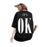 Trendseninle Kadın Siyah Bisiklet Yaka It's Ok Baskılı Oversize T-Shirt, M