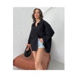TrendSeninle Kadın Siyah Çizgili Oversize Modal Gömlek SİYAH Standart