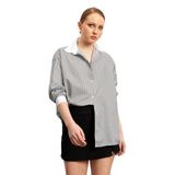 Trendseninle Kadın Siyah Çizgili Yaka Beyaz Oversize Stil Gömlek, Tek Ebat