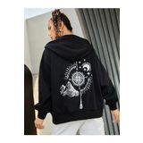 TrendSeninle Kadın Siyah Oversize Pusula Sırt Baskılı Hırka Sweatshirt Siyah L/XL