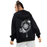 TrendSeninle Kadın Siyah Oversize Pusula Sırt Baskılı Hırka Sweatshirt Siyah S/M