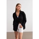 Trendseninle Kadın Siyah Oversize Uzun Krinkıl Gömlek, Standart