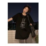 Trendseninle Kadın Siyah Tavşan Baskılı Siyah Oversize Kadın T-shirt
