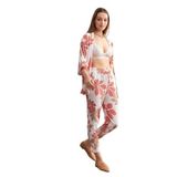 Trendseninle Kadın Turuncu-Beyaz Çiçek Desenli Kimono Gömlek Pantolon Takım, XL
