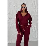 TrendSeninle Kadın V Yaka Kapüşonlu Crop Eşofman Alt-Üst Takım, L, Bordo