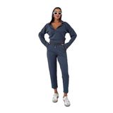 TrendSeninle Kadın V Yaka Kapüşonlu Crop Eşofman Alt-Üst Takım, M, Füme