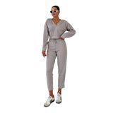 TrendSeninle Kadın V Yaka Kapüşonlu Crop Eşofman Alt-Üst Takım, M, Gri