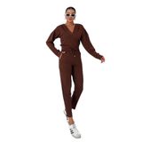TrendSeninle Kadın V Yaka Kapüşonlu Crop Eşofman Alt-Üst Takım, M, Kahverengi