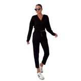 TrendSeninle Kadın V Yaka Kapüşonlu Crop Eşofman Alt-Üst Takım, M, Siyah
