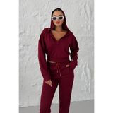 TrendSeninle Kadın V Yaka Kapüşonlu Crop Eşofman Alt-Üst Takım, S, Bordo