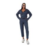 TrendSeninle Kadın V Yaka Kapüşonlu Crop Eşofman Alt-Üst Takım, XL, Füme