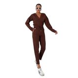 TrendSeninle Kadın V Yaka Kapüşonlu Crop Eşofman Alt-Üst Takım, XL, Kahverengi