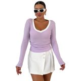 TrendSeninle Kadın V Yakalı Biyeli Uzun Kollu İnterlok Bluz, M, Mor