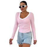 TrendSeninle Kadın V Yakalı Biyeli Uzun Kollu İnterlok Bluz, S, Pembe