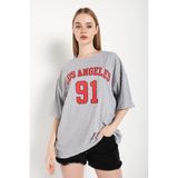 Trendseninle Los Angeles 91 Baskılı Gri Gri Oversize Kadın T-shirt