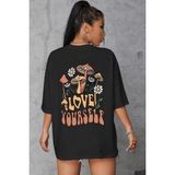 Trendseninle Love Yourself Baskılı Siyah Oversize Kadın T-shirt