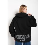 Trendseninle Mad For Nothing Baskılı Siyah Oversize Kapüşonlu Kadın Sweatshirt