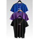 Trendseninle Marecash Unisex Brooklyn Baskılı 3'lü Paket Siyah-mavi-mor T-shirt, S