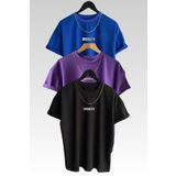 Trendseninle Marecash Unisex Brooklyn Baskılı 3'lü Paket Siyah-mavi-mor T-shirt, XL
