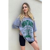 Trendseninle Montana Baskılı Oversize Gri Oversize Kadın T-shirt