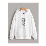 Trendseninle Önü Ejder Baskılı Beyaz Oversize Kapüşonlu Hoodie Kadın Sweatshirt