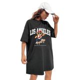 Trendseninle Pamuk Penye 110cm Siyah LosAngeles Baskılı Elbise, XL