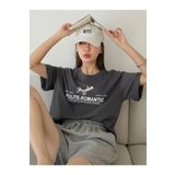 Trendseninle Polite-Romantic Baskılı Füme Oversize Kadın T-shirt