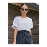 Trendseninle Resolve Baskılı Beyaz Oversize Kadın T-shirt