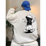 Trendseninle Şapkalı Ayıcık Baskılı Beyaz Oversize Erkek Sweatshirt