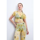 Trendseninle Sarı Rose Desen Astarlı Kolsuz Tül Bluz, M