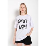 Trendseninle Shut Up Beyaz Baskılı Oversize Kadın T-shirt