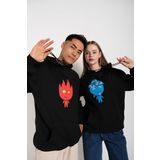 TrendSeninle Siyah Unisex Ikili Ateş Ve Su Baskılı Oversize Kapşonlu Sweatshirt Hoodie Ssiyah L